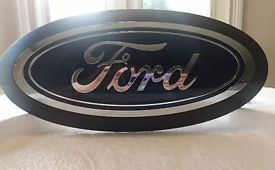 Ford F250-450 Super Duty Front Grill Emblem BLACK Oval Rim Blue Logo OEM 2017-22 • $32