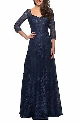 La Femme 28053 Floral Embroidered Mesh A- Line Gown In Navy Blue Size 6 NWOT • $100.99