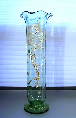 Antique Bohemian Glass Vase Moser Type Green Gilt 15.75  • $120