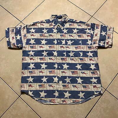 Vintage CHAPS Ralph Lauren Patriotic American Flag USA AOP Button Up Shirt XL • $24.95