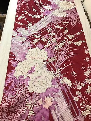 @@ Vintage Japanese Kimono Silk Fabric / Smooth Weave Dark Red Floral  C62 • £6.55