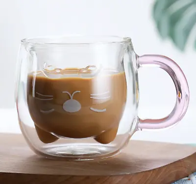 Cute Cat Double Wall Insulated Glass Coffee Glass Mug Tea Cup Handle 260ml • £26.95