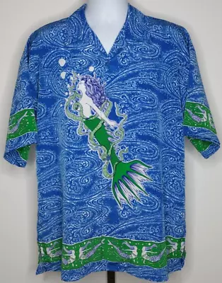 P/O Dragonfly Blue & Green Beautiful Mermaid Hawaiian Shirt Size L A826 • $20.26