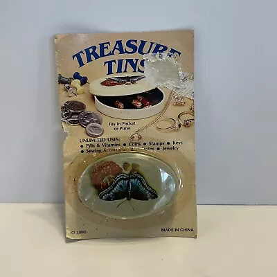 Vintage Treasure Tins Purse Trinket Pill Box Oval Blue Butterfly Sealed • $8.95