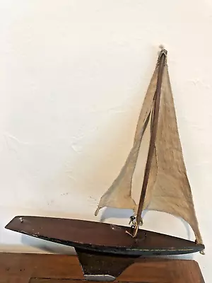 Antique Wooden Sail Boat Hull Metal Keel Sails  Original Primitive 15  Length • $179.99