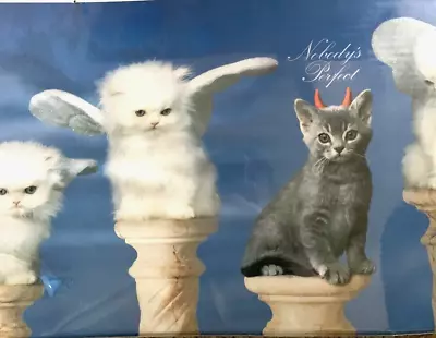 Vintage 90s Cat Poster 1993 Alan Wnuk Nobodys Perfect Angel And Devil Kittens • $35.95