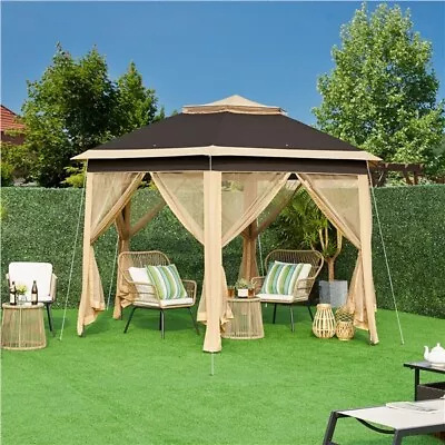 Hexagonal Garden Folding Tent Heavy Duty Pop Up Gazebo With Net And 2 Tier Roof • $139.99