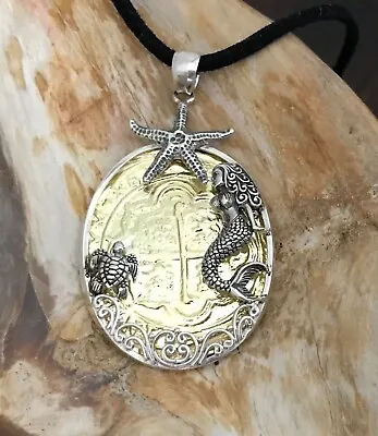 $189 • Buy ATOCHA Coin Pendant Gold Overlay Silver Mermaid,Turtle,Starfish Treasure Jewelry