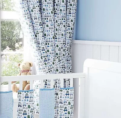 BLACKOUT CURTAINS WHITE BLUE GREEN NOVEL CARS 🚙PLUS TIE BACKS 66x72” NURSERY • £25