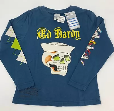 Ed Hardy Shirt Boy 4 Blue T-Shirt USMC Death Before Dishonor Sailor Skull LS New • $18.99