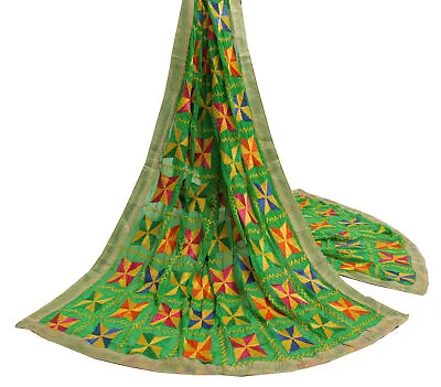 Sushila Vintage Green Dupatta Blend Chiffon Silk Phulkari Embroidered Long Stole • $23.79