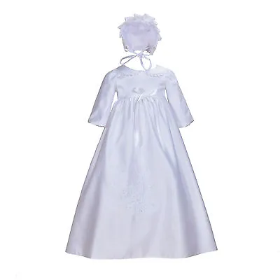 £26.99 • Buy Traditional White Satin Long Christening Gown With Bonnet 0 3 6 9 12 Months 