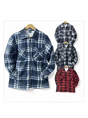 Mens Lumberjack Sherpa Fur Linning Zipper Fleece Check Shirt Cozy Coat Jacket • £12.98