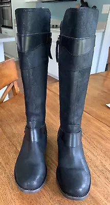 UGG Darcie Boots Size 6.5 Black Leather Buckle Zip Up Knee High EC Flats • $44.99