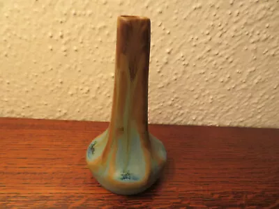 French Art Deco Stoneware: Tapering Bud Vase Blue & Brown Matte Drip Glaze • $50