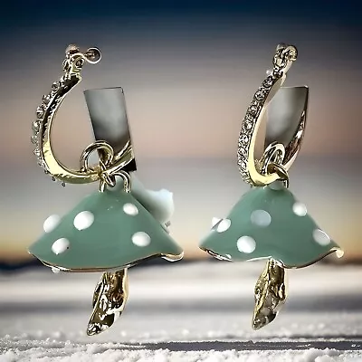 Bella Jack Mushroom Earrings Gold Tone Green Crystal Dangle Hoop Polka Dots NEW • $28.95