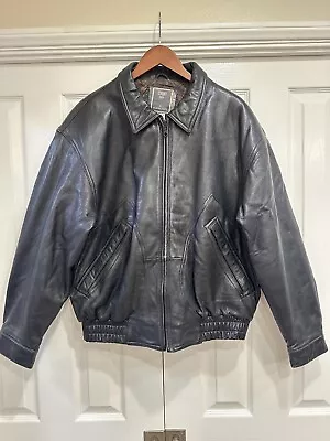 90s Black Leather Bomber Jacket Synergy By Morgan Cooper Men’s Medium Vintage • $24.99