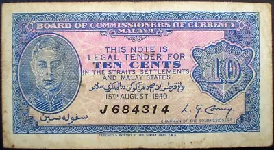 £9.50 • Buy MALAYA ~ KING GEORGE VI ~ 10 CENTS 1940 F.