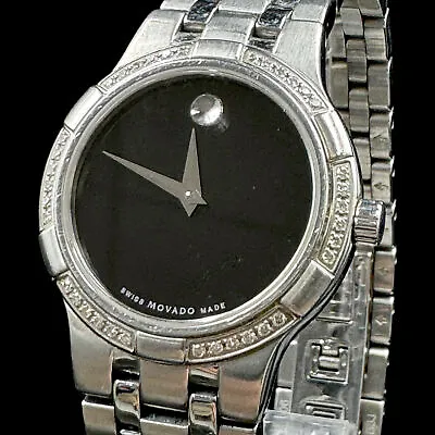 Estate Movado Stainless Steel & Diamonds Lady's Wristwatch With Black Dial • $219