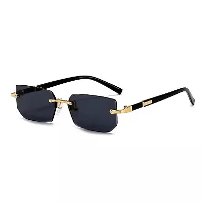 Men's Rectangle Black Tinted Gold Frame Rimless Trendy Vintage Square Sunglasses • $14.99