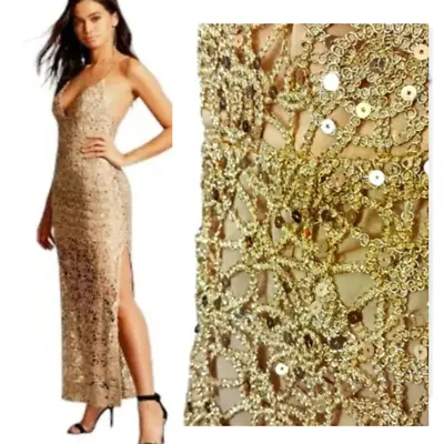 Forever 21 Gold Gown Long Dress Size. M SEQUINS Crochet Lace  Spaghetti Straps  • $79.95