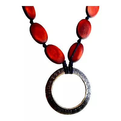 Boho Chico's Necklace Circle Open Work Statement Pendant Red Dyed Wood Oval Bead • $14.99