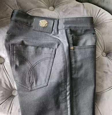 Versace Men  Leather Stripped  Waxed  Jean Pants New 32 × 32 • $276