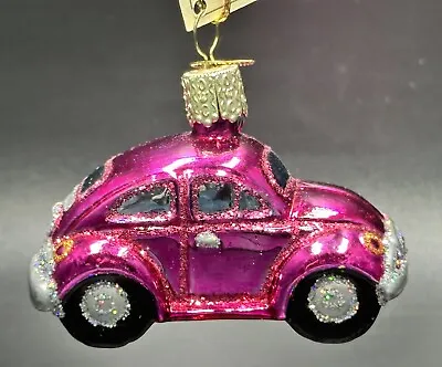 Pink VW Beetle Bug Car 3” Glass Ornament Glittery OWC Old World Christmas 2002 • $22