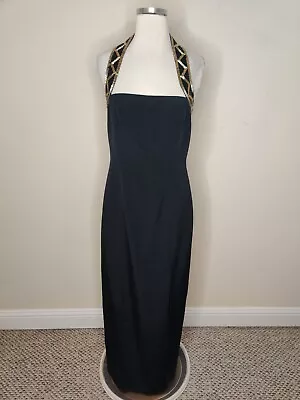 Niteline Della Roufogali Vintage Halter Maxi Dress Size 8 Beaded Black Gold • $29.99