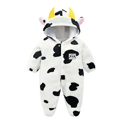 Newborn Infant Baby Cartoon Cow Pattern Print Hooded Romper Jumpsuit Costumes • £13.66