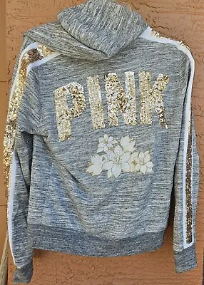 Victoria's Secret Gray Bling Sequin Embroidery Pink Hoodie Sweatshirt S • $39.99