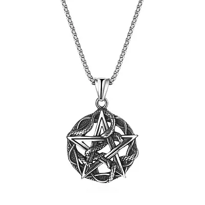 Punk Mens Snake Star Pentagram Pentacle Wicca Necklace Stainless Steel Chain 24  • $13.99