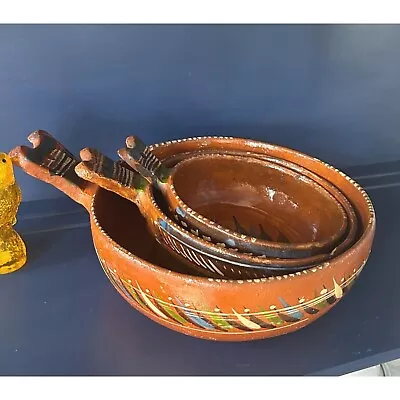Vintage Red Clay Mexican Pottery Set Of 3 Nesting Bowls With Handles • $89.99