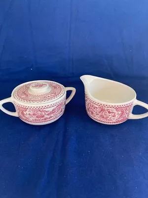 Vintage Royal (USA) Ironstone  Memory Lane  3-Piece Sugar & Creamer Set Pink Red • $24.99