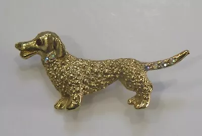 Vintage Dachshund Dog Gold Rhinestone Red Crystal Eye Pin Brooch Hound  • $10.45