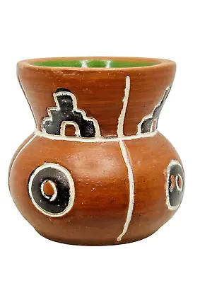 Red Ware Pottery Mayan Aztec Design Round Vase Green Inside Glaze 2.5 Inch • $15.20