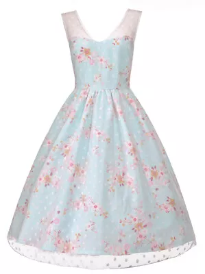 BNWT SZ14 Lindy Bop “Aliza” Turquoise Floral Satin Net 50s Vintage Style Dress • £30