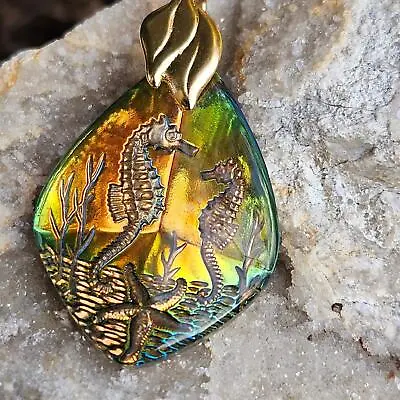 Rare Vintage Iridescent Green Reverse Intaglio Golden Seahorse Pendant Jewelry • $25