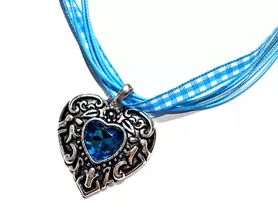 AQUA BLUE GINGHAM RIBBON CHOKER NECKLACE With Silvertone Heart Pendant Retro L4 • $10.99