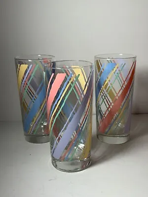 Set Of 3 Vintage Fiesta Pastel Diagonal Multi Stripe Tumbler Glasses 6 In. • $22.50