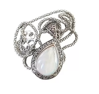 Vintage ATI 925 ID Silver Teardrop Mother Of Pearl Pendent Chain Necklace • $26.39