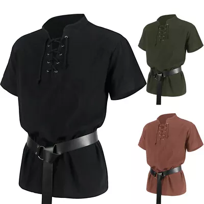 Men Short Sleeve Medieval Shirt Gothic V-neck Lace Up T-shirts Casual Shirt • £12.78