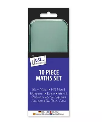 £2.99 • Buy 10 Piece Geometry Maths Set In Metal Carry Case Tin HB Pencil Compass Ruler