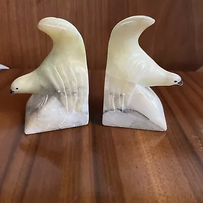 Vintage Italian White Alabaster Marble Bookends • Hand Carved Songbirds • 4in • $69