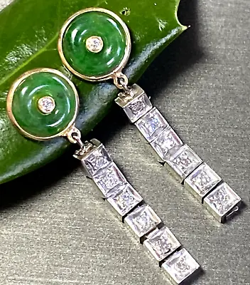 18K 14K Gold Carved Green Jade Jadeite Diamond Vintage Dangle Duster Earrings • $2550