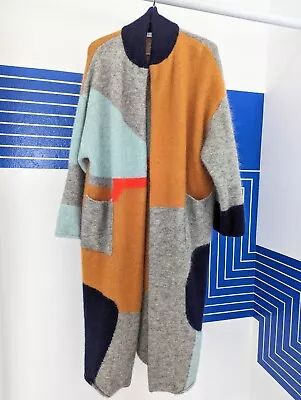 ZARA Wool And Alpaca Blended Blanket Grey Navy Color Block Long Coat M • $50