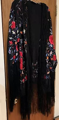 Vintage Silk Floral Piano Fringe Shawl Kimono Jacket- Gallery Of Wearable Art • $250