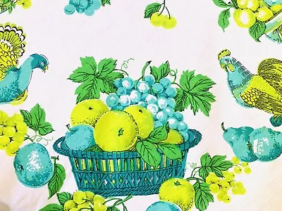 Vintage Tablecloth 66” X 52” Lime Kelly Green Aqua Chicken Fruit Bird Turkey • $95