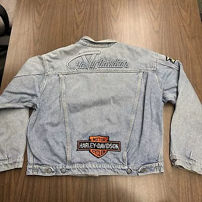 Vintage Harley Davidson Mens XL Distressed Spell Out Denim Trucker Jacket Patch • $89.99