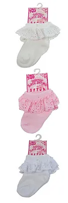 Baby Girls Broderie Anglaise Lace Frilly Socks Soft Touch White Pink Cream 0-12M • £3.65